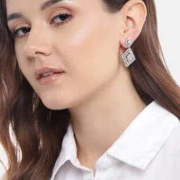 Anouk Silver-Plated American Diamonds Studded Diamond Shaped Drop Earrings-42