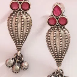 JAYPORE Silver-Plated Artificial Stones Studded And Ghungroo Beaded Teardrop Drop Earrings-picture-24