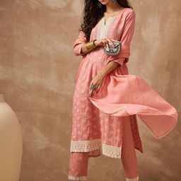 Anouk Floral Embroidered Notch Neck Thread Work Pure Cotton Kurta With Trousers & Dupatta-picture-32