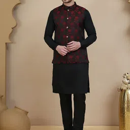 Jompers Men Floral Self Design Kurta with Pyjamas and Nehru Jacket-10