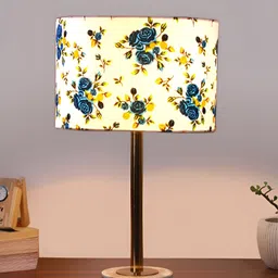 Aura White & Blue Printed Metal Cylindrical Shaped Table Lamp-image-91