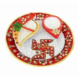 CRAFTAM White & Red Marble Puja Thali With Roli & Rice-image-46