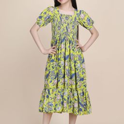 YK Girls Yellow Fit & Flare Puff Sleeves Party Wear Dress-picture-20