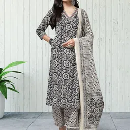 Moda Rapido Floral Printed V Neck Straight Kurta With Trousers & Dupatta-picture-29