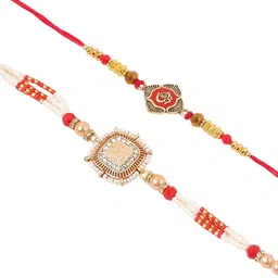 Anouk Set Of 2 Stones Studded Om Design Thread Rakhi With Roli Chawal Chandan & Mishri image 2