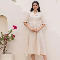 Ambraee Women Self Design Shirt Collar Cotton Shirt Style lace Dress-image-1