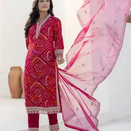 RANGREAL Women Bandhani Printed Regular Sequinned Kurta with Trousers & With Dupatta image 3