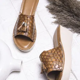 Try Me Women Textured Tasselsed Platform Heel Sandals-3