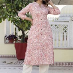 Pistaa Ethnic Motifs Printed Mandarin Collar Pure Cotton A-Line Kurta With Trousers-picture-8