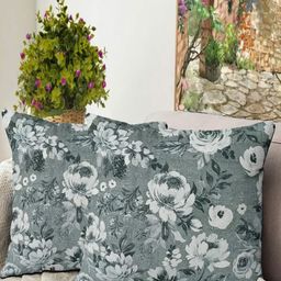 Blue Grass Grey & White 2 Pieces Floral Velvet Square Cushion Covers-image-92