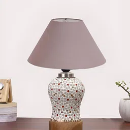 Devansh Grey & White Printed Frustum Shaped Wooden Table Lamp-11