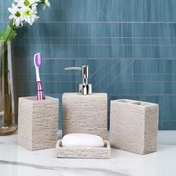 Myntra Elegant Homes Cream-Coloured 4 piece Striped Resin Bath Accessories Set-image-81