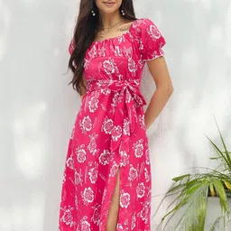DressBerry Women Floral Print Puff Sleeve Crepe A-Line Midi Dress-image-65