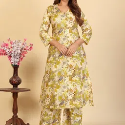 Larqi Floral Printed Shirt Collar Pure Cotton A-Line Kurta With Palazzos-picture-18