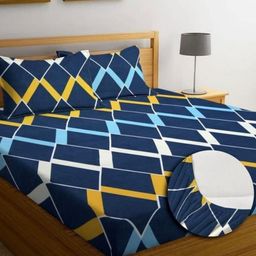 Myntra Elegant Homes Navy Blue & Blue Geometric 300 TC King Bedsheet with 2 Pillow Covers-image-42