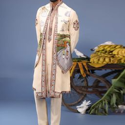 KALPRAAG Men Floral Embroidered Regular Sequinned Kurta with Trousers & With Dupatta image 4