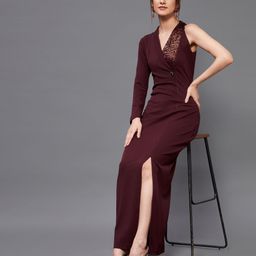 miss chase Women Asymmetric Maroon Maxi/Full Length Dress-picture-40