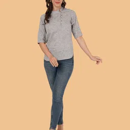 Brownverse Mandarin Collar Cotton Shirt Style Top-image-20