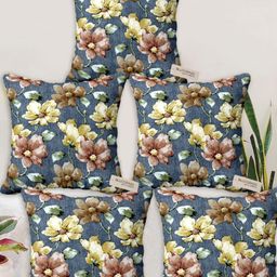 Blue Grass Blue & Yellow 5 Pieces Floral Printed Velvet Square Cushion Covers-image-42