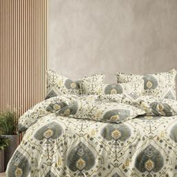 Laying Style Cream-Coloured & Grey Floral Polycotton 4 Piece Double King Regular Bedding Set-15