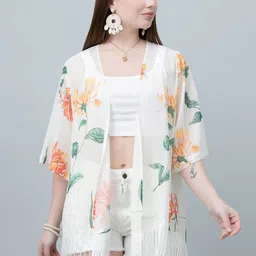 PURYS Women Printed Tasselled Longline Shrug-24