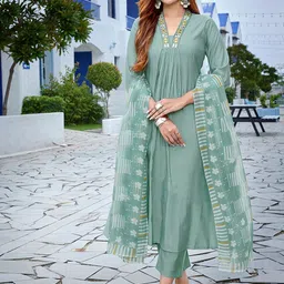 Royal Export Geometric Yoke Design Mirror Work A-Line Kurta With Trouser & Dupatta-31