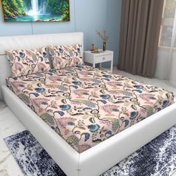 EXFAB Pink & Blue Floral Printed Pure Cotton 240TC King Bedsheet Set-image-96