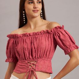 Eavan Women Embroidered Off-Shoulder Puff SleeveCrop Top-image-89