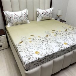 Pure Decor White & Yellow Floral King Bedsheet with 2 Pillow Covers-picture-31