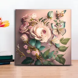 OLIVE TREE Peach-Coloured & Green Floral Wooden Framed Canvas Painting Wall Art-image-25