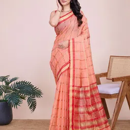 Panzora Women Checked Woven Design Cotton Blend Saree-image-33