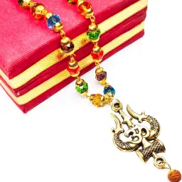 Natural Navratna Mala In Metal Chain Ohm trishul damru locket Navratna Stones Mala Necklace Stone Chain Gold-plated Plated Brass, Crystal Chain-image-40