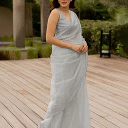 Subham Woven Design Checked Net Saree image 3
