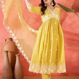 Sangria Floral Embroidered V-Neck Empire Thread Work Anarkali Kurta With Trouser & Dupatta-14