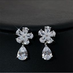 DressBerry Korean Silver-Plated American Diamond Studded Floral Shaped Drop Earrings-18