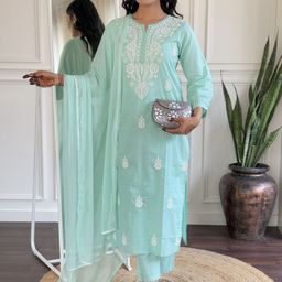 KALINI Floral Embroidered Chikankari Pure Cotton Straight Kurta with Trousers & Dupatta-picture-57