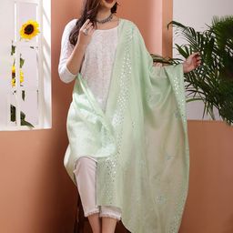 Bunkraft Embroidered Cotton Silk Dupatta With Mirror Work-10
