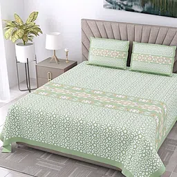 SWITCHON Green & White Floral Printed Cotton 210 TC Super King Bedsheet Set-2.74m x 2.74 m-image-57