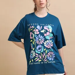 MORSE CODE Printed Pure Cotton Round Neck Oversized T-shirt-31