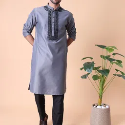 MAAHI FABS Men Ethnic Motifs Embroidered Regular Dupion Silk Kurta with Pyjamas-picture-4