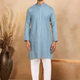 KRAFT INDIA Men Striped Mandarin Collar Regular Kurta with Pyjamas-image-58