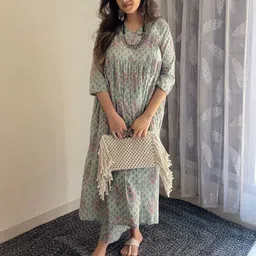 Janasya Women Floral Printed Cotton A-Line Kurta with Palazzo-image-99