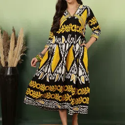 Sangria Ethnic Motifs Print Mirror Work Pure Cotton A-line Dress-picture-0