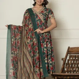 Krati Creations Women Floral Printed Angrakha Pure Cotton Kurta with Trousers & With Dupatta-44