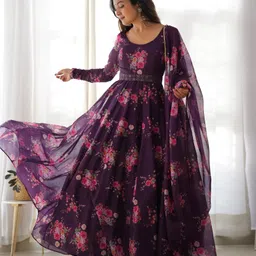 GRISHU COLLECTION Floral Printed Organza Anarkali Kurta With Trousers And Dupatta-picture-3
