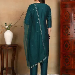 AHIKA Ethnic Motifs Yoke Design Regular Sequinned Kurta with Trousers & Dupatta image 4