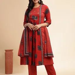 GULMEHAK Women Ethnic Motifs Printed Cotton A-Line Kurta with Trousers & Dupatta-picture-18