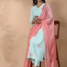 DIVASTRI Women Floral Embroidered Regular Thread Work Kurta with Trousers & With Dupatta-image-67