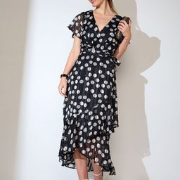 Globus Women Black Polka Dot Flared Sleeves Waist Tie-Up RuffleTulip Hem A-line Midi Dress-picture-0