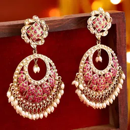 Rubans 22K Antique Gold Plated Ruby Zirconia & Pearl Studded Statement Chandbali Earring image 2